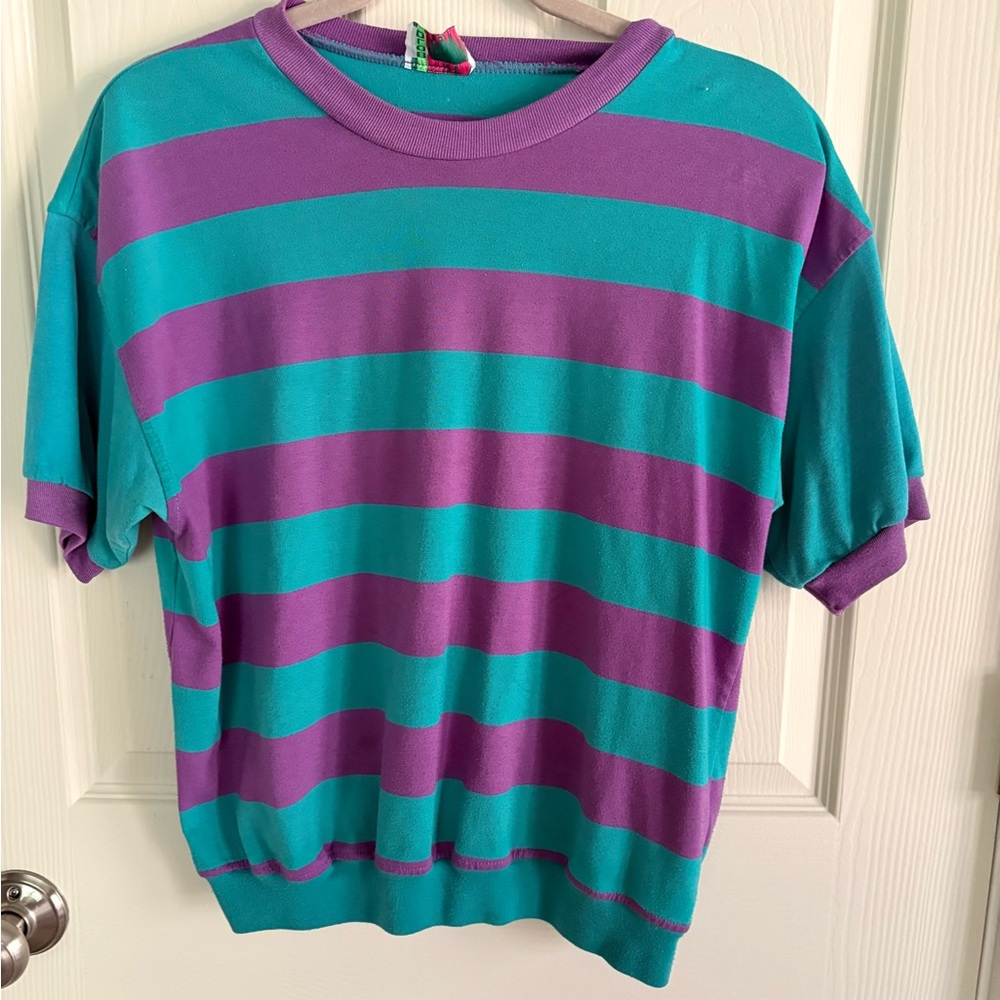 Vintage Spirit Teal and Lavender Striped Short Sleeve Top